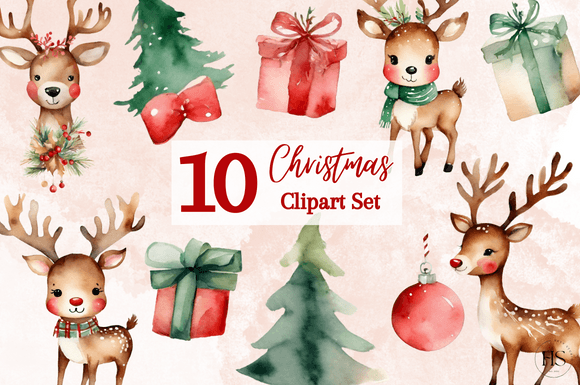 10 Watercolor Christmas Reindeer Clipart for Illustrations