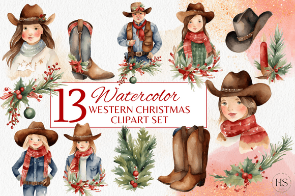 13 Western Christmas Watercolor Clipart for Real Crafts