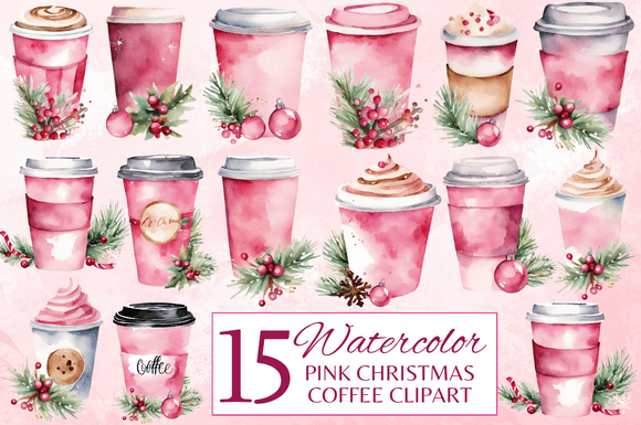 15 Pink Watercolor Christmas Coffee Set: Illustrations Review
