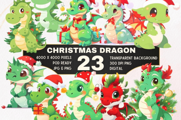 23 Fantasy Christmas Dragon Clipart Set for Branding and Marketing
