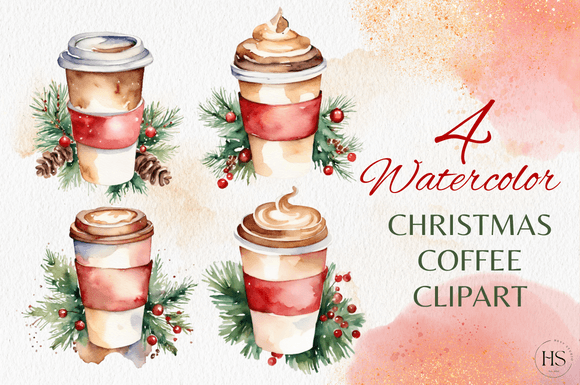 4 Watercolor Christmas Coffee Clipart for Seasonal Illustrations