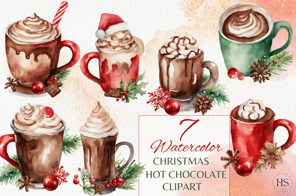 7 Watercolor Christmas Hot Chocolate Set for Illustrations