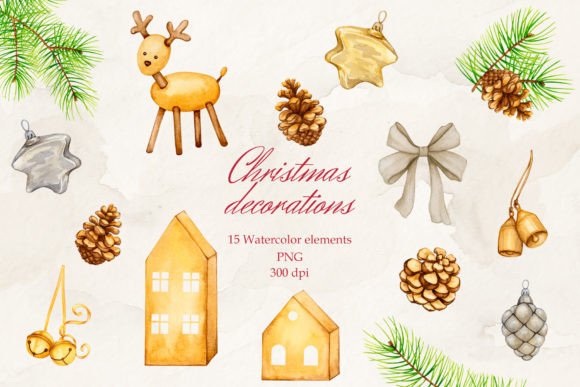Christmas Decorations. Watercolor. PNG. for Modern Illustrations