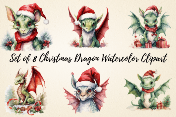 Christmas Dragon Watercolor Clipart for Creative Illustrations