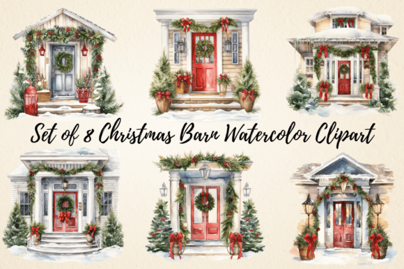 Christmas Porch Watercolor Clipart for Seasonal Illustrations