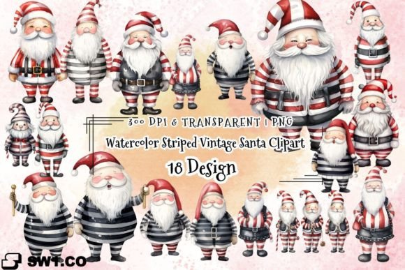 Christmas Striped Vintage Santa Clipart for Illustrations