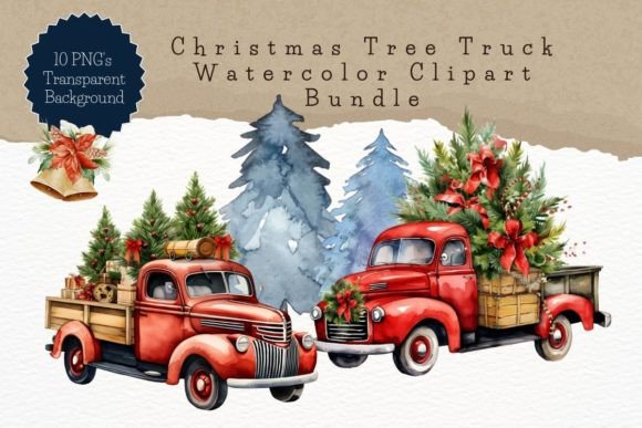 Christmas Tree Truck Watercolor Clipart for Illustrations
