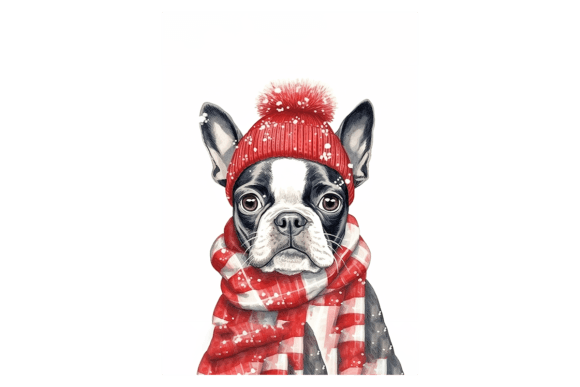 Cute Boston Terrier Christmas Card Illustrations for Brands
