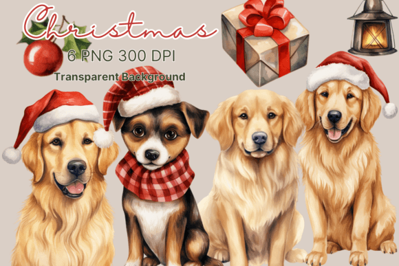 Cute Dog Christmas Watercolor Clipart for Illustrations