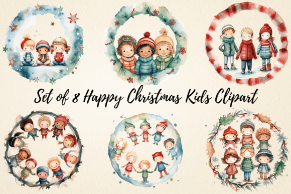 Happy Christmas Kids Watercolor Clipart for Brand Illustrations