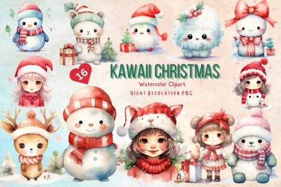Kawaii Christmas Watercolor Clipart for Creative Illustrations