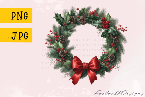 Vintage Christmas Wreath with Red Bow in Illustrations