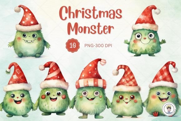 Watercolor Christmas Monster Clipart for Modern Illustrations