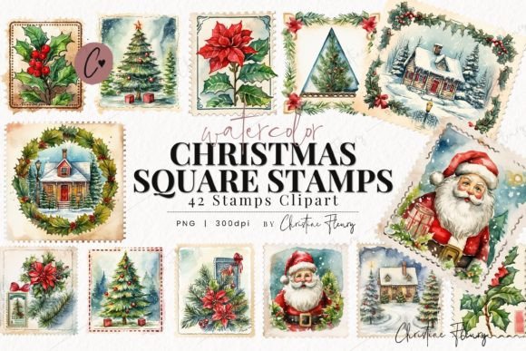 Watercolor Christmas Square Stamps PNG for Blog and Web Design