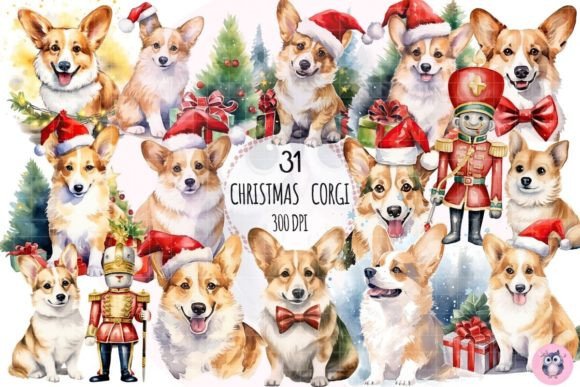 Watercolor Corgi Christmas Dog Clipart for Modern Illustrations