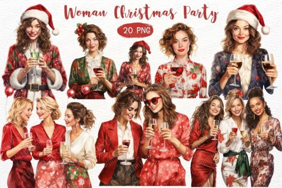 Woman Christmas Party Watercolor Clipart for Illustrations